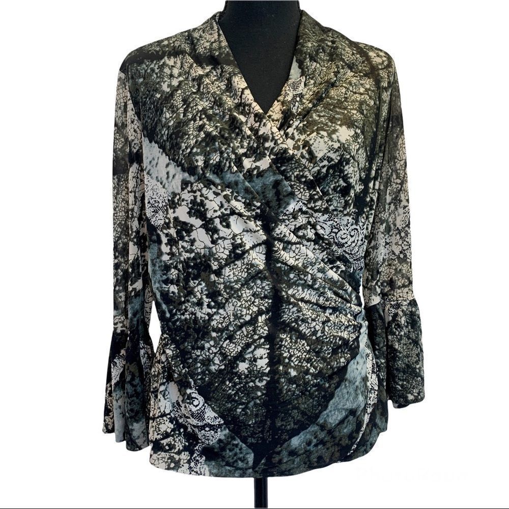Melanie Lyne Olive green ivory black multicoloured abstract wrap blouse Sz S
